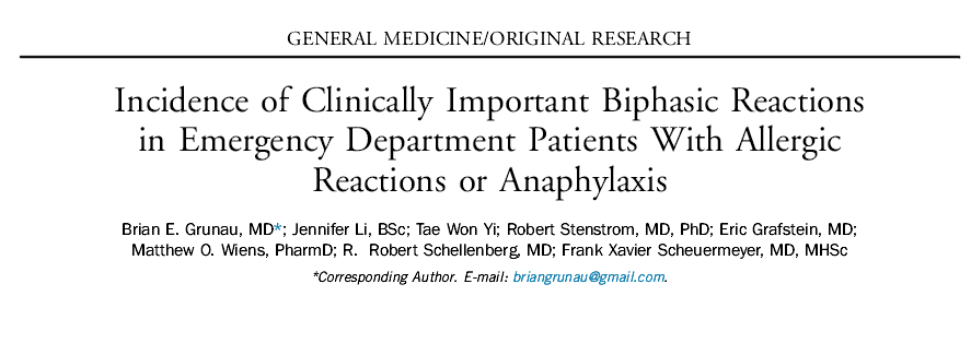 Incidence of Clinically Important Biphasic Reactions in Emergency Department Patients With Allergic Reactions or Anaphylaxis.